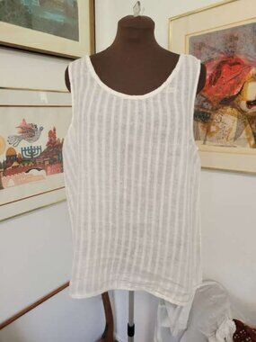 Bone or Cream 100% Linen Tank Top with Stripes Size L